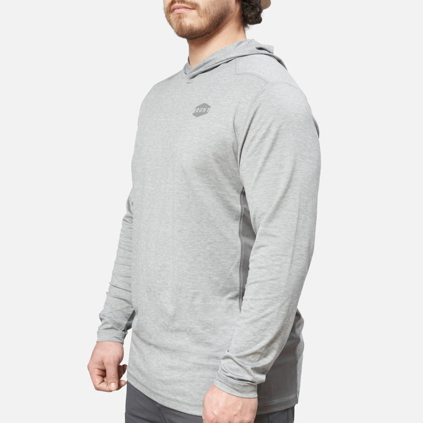 45 degree angle of the left side of the BRUNT lightweight mckenna sun hoodie with UPF protection in grey heather * 3