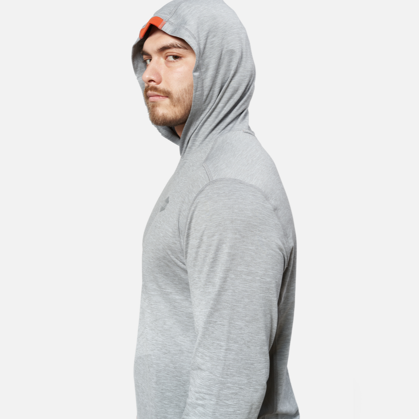 View 2 hard hat compatible hood of the BRUNT lightweight mckenna sun hoodie with UPF protection in grey heather * 3