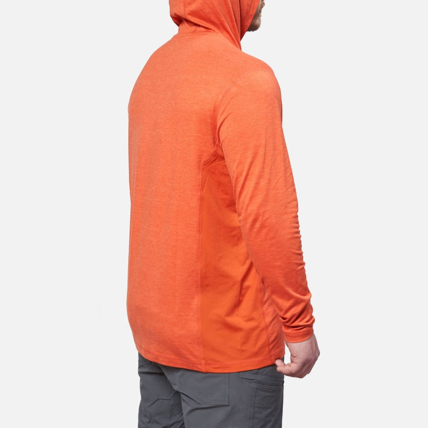 45 degree of the back right side of BRUNT lightweight mckenna sun hoodie with UPF protection in BRUNT orange * 1