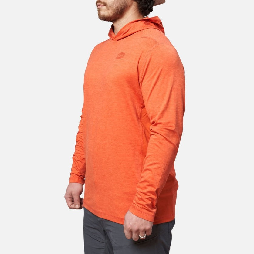 45 degree angle of the left side of the BRUNT lightweight mckenna sun hoodie with UPF protection in BRUNT orange * 1