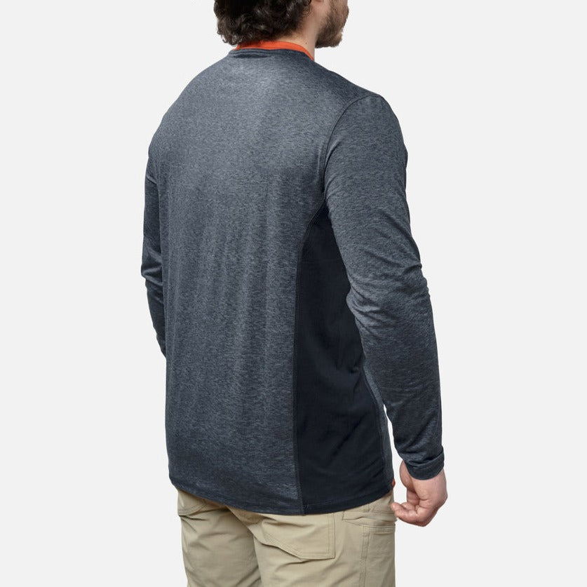 45 degree angle of the back right of the BRUNT lightweight mckenna long sleeve sun tee with UPF protection in blue heather * 1
