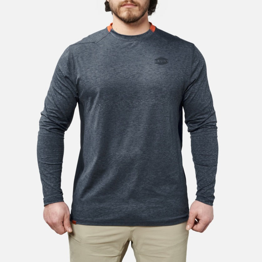 View 1 front of the BRUNT lightweight mckenna long sleeve sun tee with UPF protection in blue heather * 1