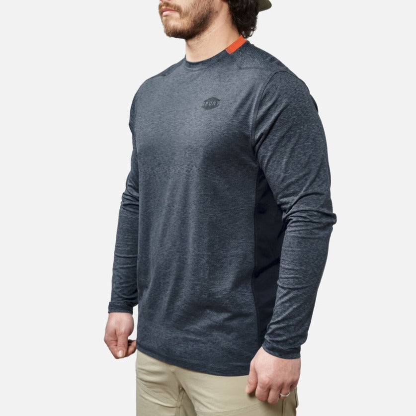 45 degree angle of the front left of BRUNT lightweight mckenna long sleeve sun tee with UPF protection in blue heather * 1