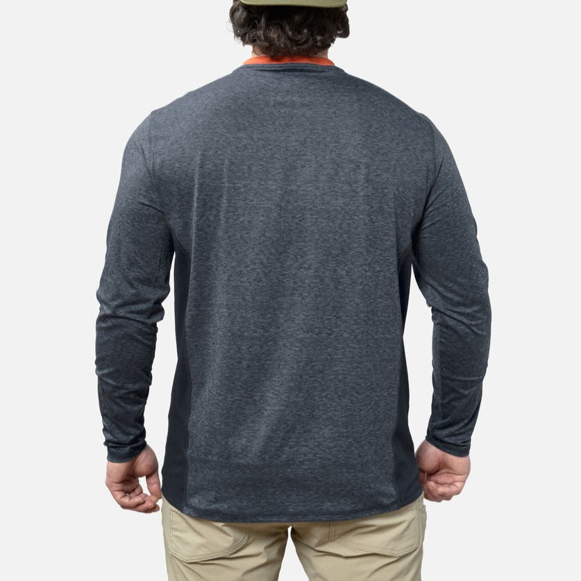 Back of the BRUNT lightweight mckenna long sleeve sun tee with UPF protection in blue heather * 1
