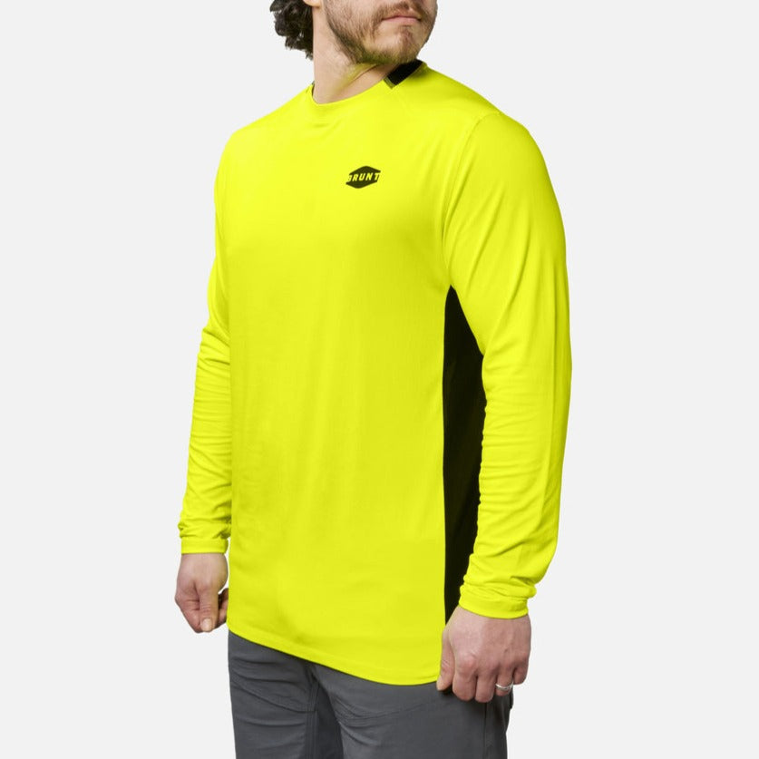45 degree angle of the front left of BRUNT lightweight mckenna long sleeve sun tee with UPF protection in hi vis yellow * 0