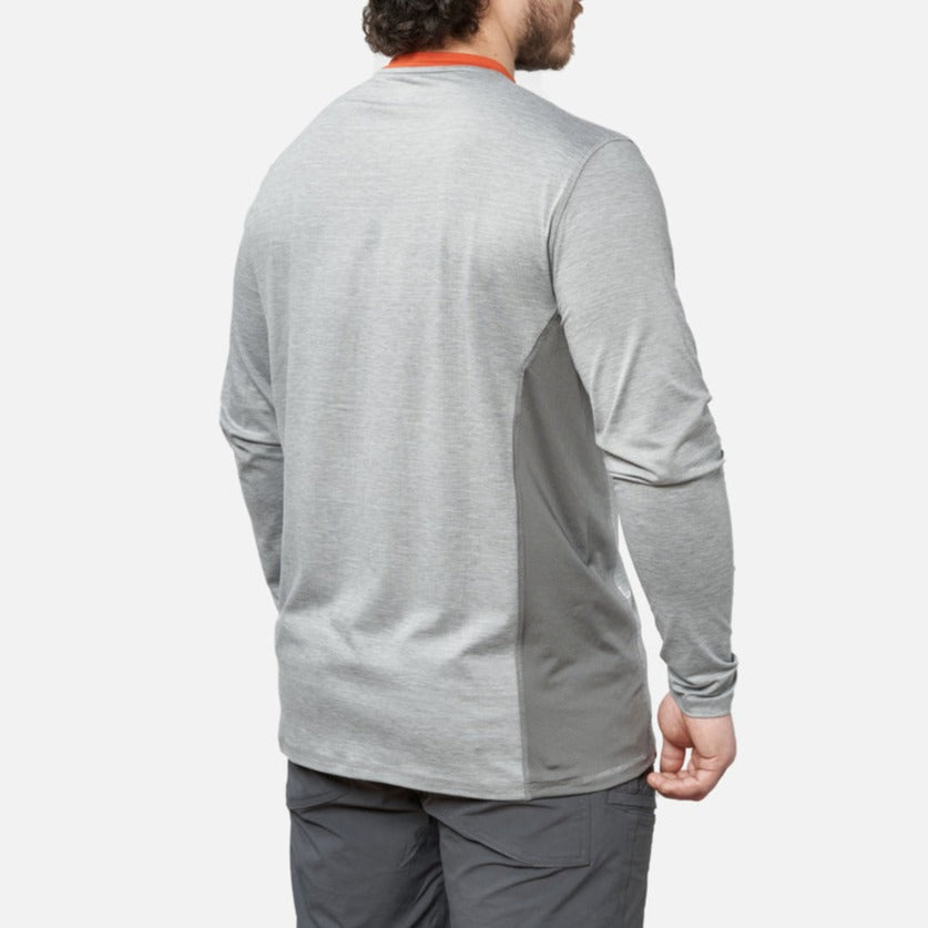 45 degree angle of the back right of the BRUNT lightweight mckenna long sleeve sun tee with UPF protection in grey heather * 2