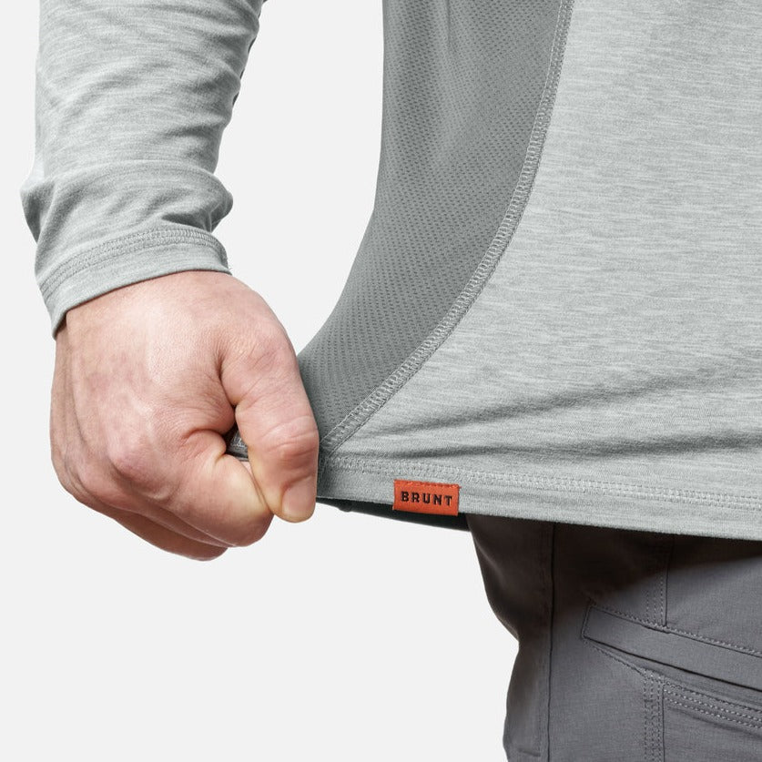 View 2 stretching hemline of the BRUNT lightweight mckenna long sleeve sun tee with UPF protection in grey heather * 2
