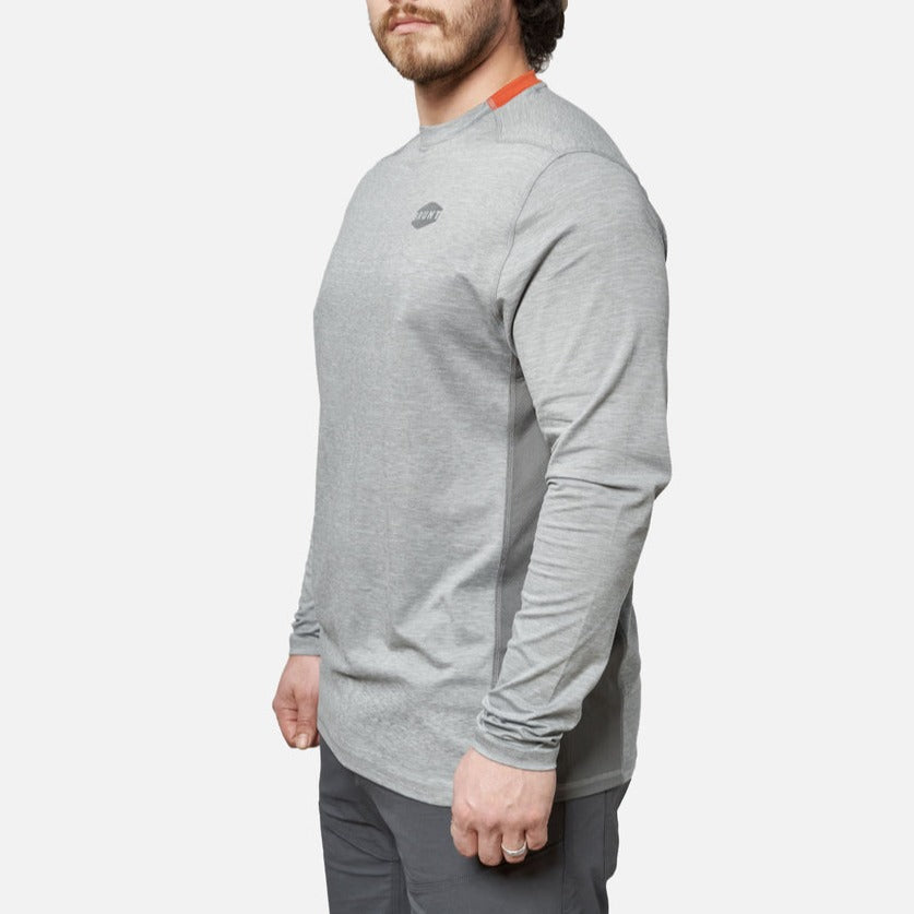 45 degree angle of the front left of BRUNT lightweight mckenna long sleeve sun tee with UPF protection in grey heather * 2