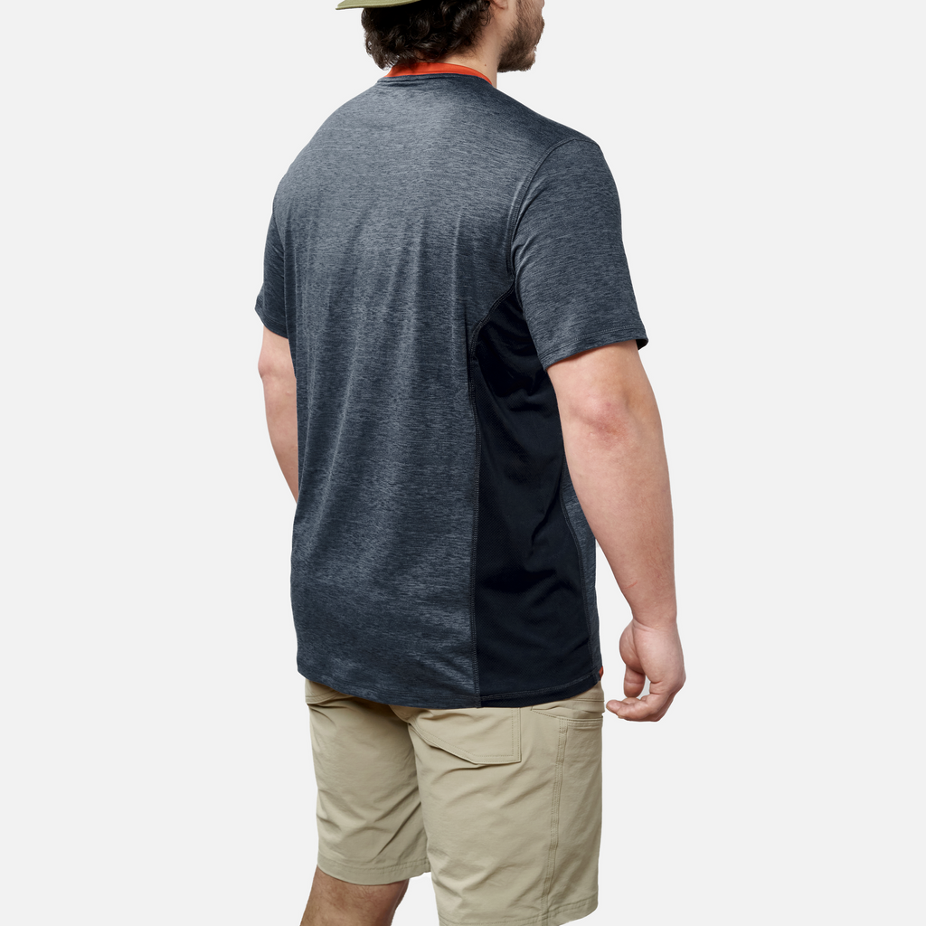 45 degree angle of the back right of the BRUNT lightweight mckenna sun tee with UPF protection in blue heather * 3