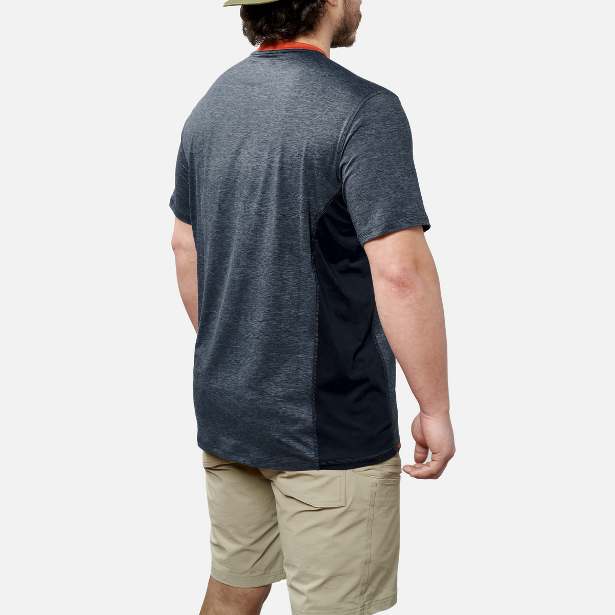 45 degree angle of the back right of the BRUNT lightweight mckenna sun tee with UPF protection in blue heather * 3