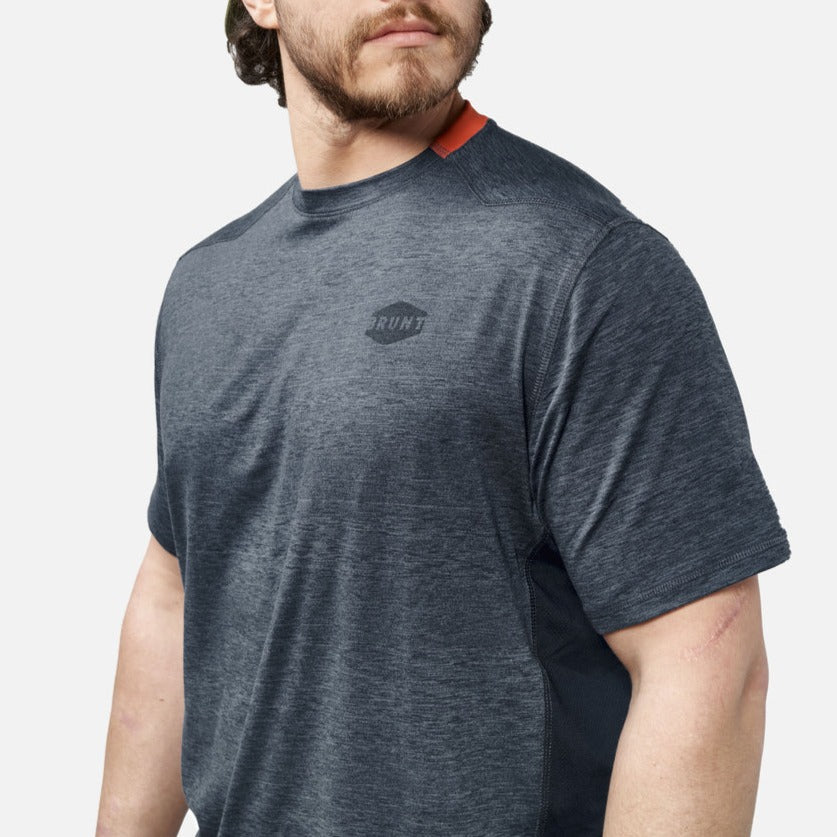 45 degree angle of the back right of the BRUNT lightweight mckenna sun tee with UPF protection in blue heather * 3