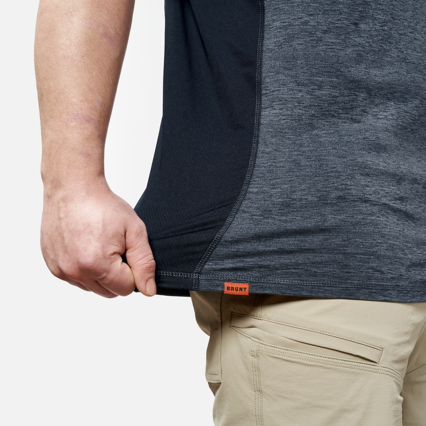 View 2 stretching hemline of the BRUNT lightweight mckenna sun tee with UPF protection in blue heather * 3