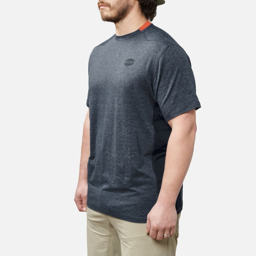 45 degree angle of the front left of the BRUNT lightweight mckenna sun tee with UPF protection in blue heather * 3
