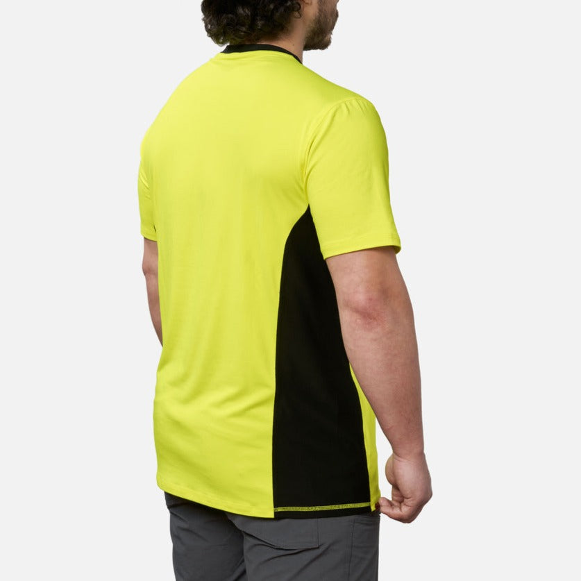 45 degree angle of the back right of the BRUNT lightweight mckenna sun tee with UPF protection in hi vis yellow * 1