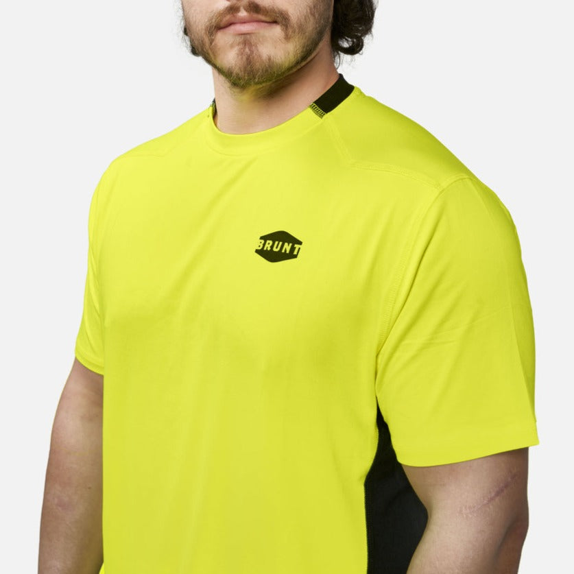 Front of the BRUNT lightweight mckenna sun tee with UPF protection in hi vis yellow * 1