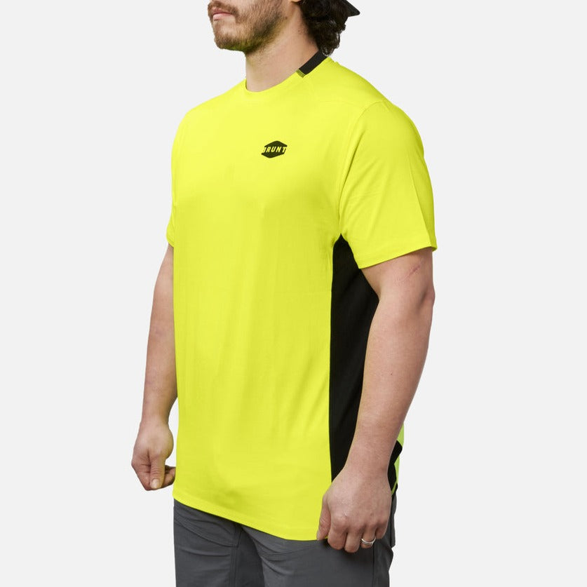 45 degree angle of the front left of the BRUNT lightweight mckenna sun tee with UPF protection in hi vis yellow * 1