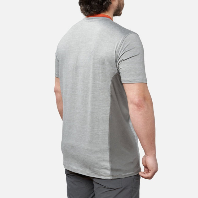 45 degree angle of the back right of the BRUNT lightweight mckenna sun tee with UPF protection in grey heather * 2