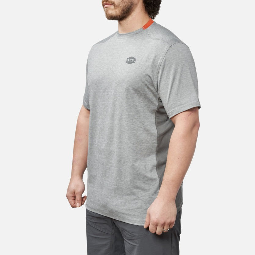 45 degree angle of the front left of the BRUNT lightweight mckenna sun tee with UPF protection in grey heather * 2