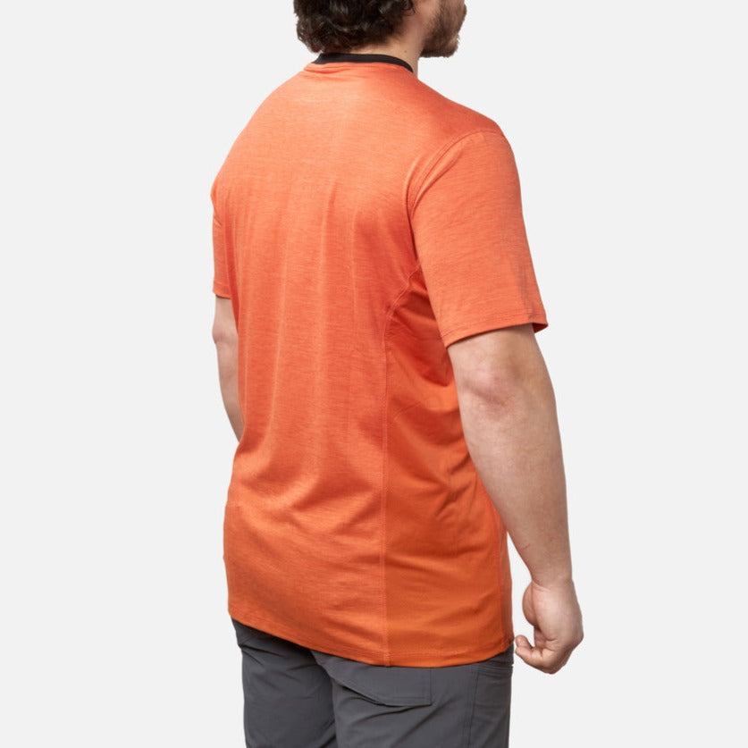 45 degree angle of the back right of the BRUNT lightweight mckenna sun tee with UPF protection in BRUNT orange * 0