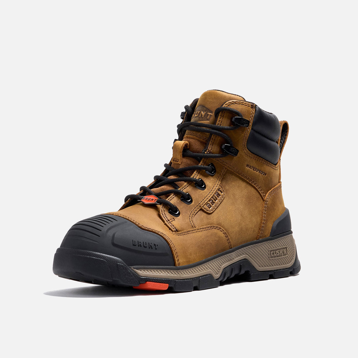45 degree angle of the left BRUNT 6 inch durable 90 degree heel work boot in brown