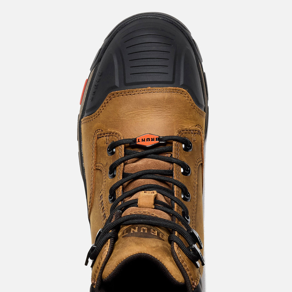 Above shot of the toe shape of the BRUNT 6 inch 90 degree heel work boot in brown
