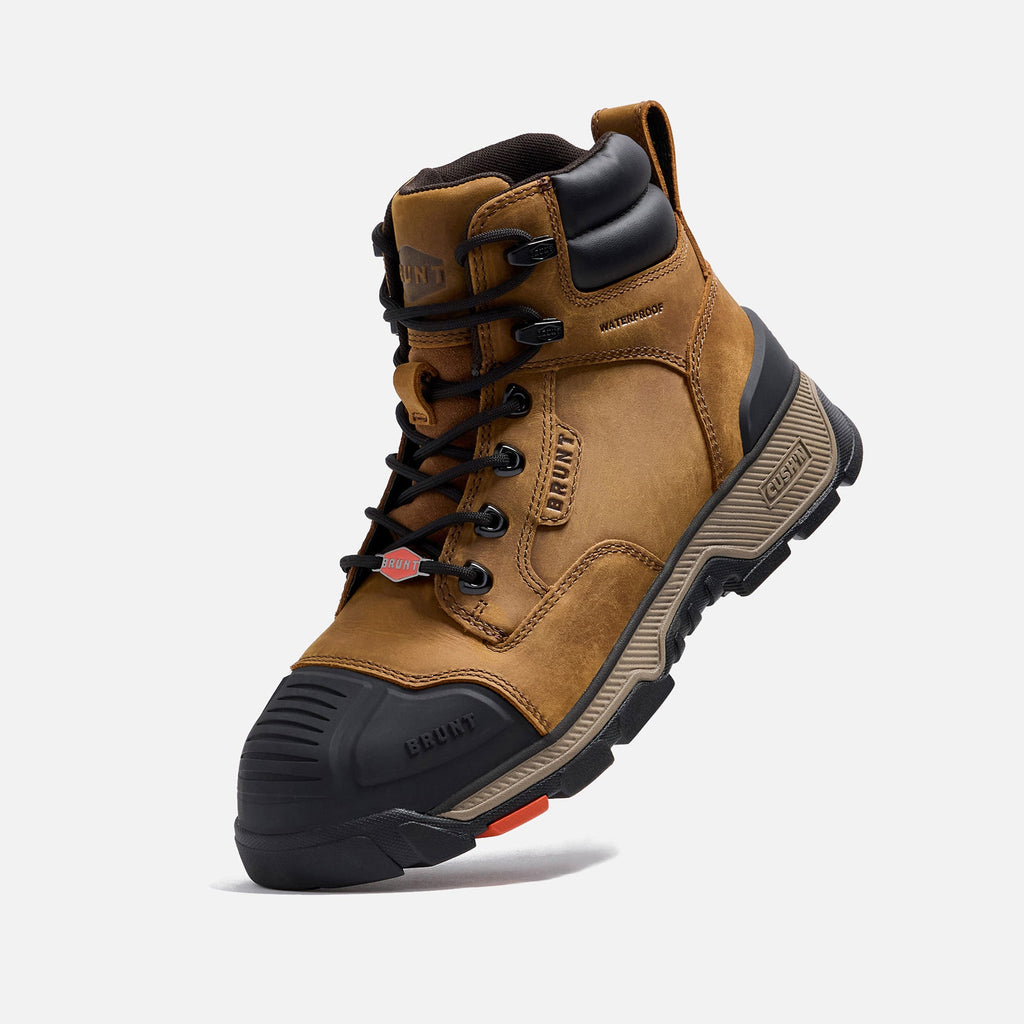 45 degree angle of the left BRUNT 6 inch durable 90 degree heel work boot in brown