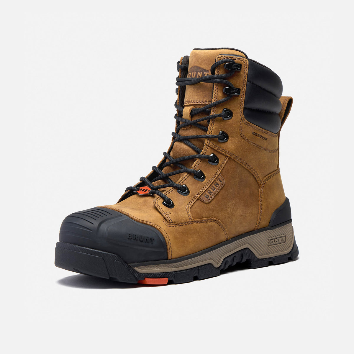 45 degree angle of the right BRUNT 8 inch durable 90 degree heel work boot in brown