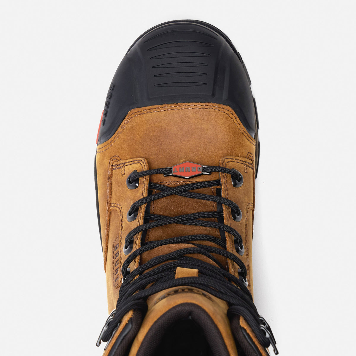 Above shot of the toe shape of the BRUNT 8 inch durable 90 degree heel work boot in brown