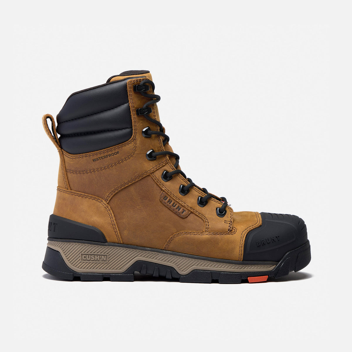 Right side of the BRUNT 8 inch durable 90 degree heel work boot in brown