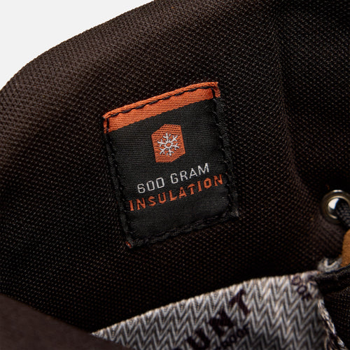 Inside insulation badge of the BRUNT 8 inch 600 gram insulated 90 degree heel work boot in brown
