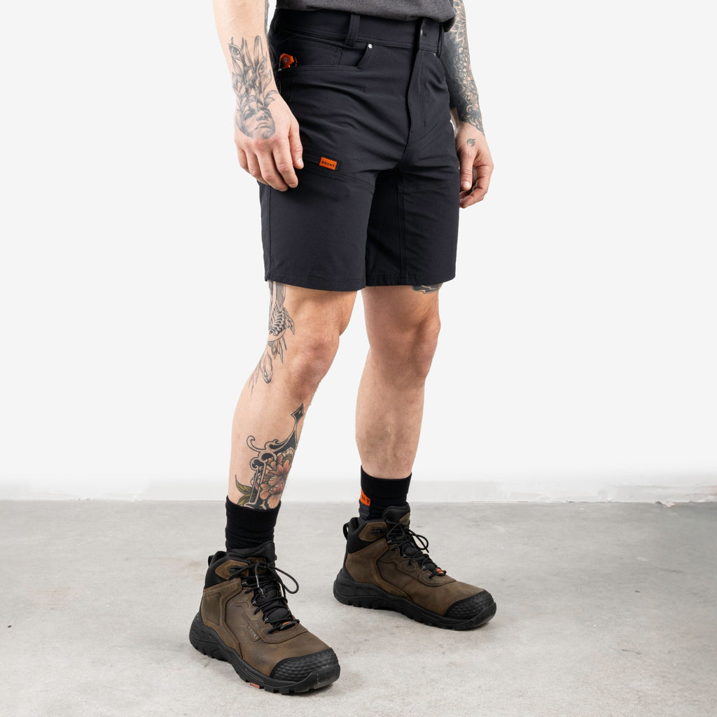45 degree angle of front right side of BRUNT 9 inch lightweight breathable costello work shorts in black