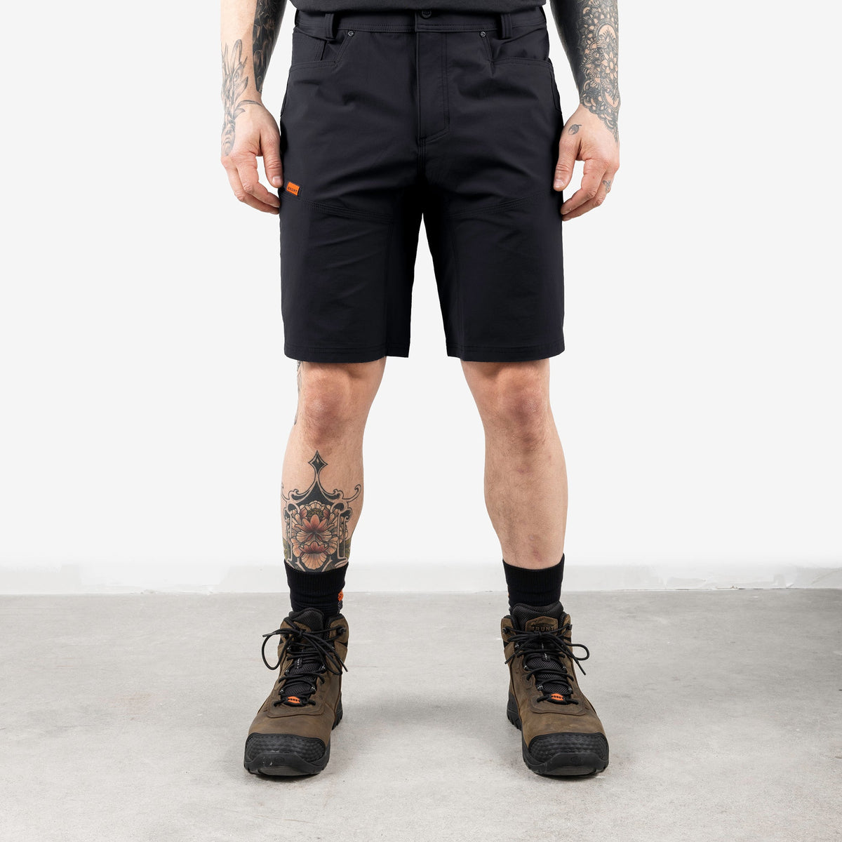 Front of BRUNT 11 inch lightweight breathable costello work shorts in black