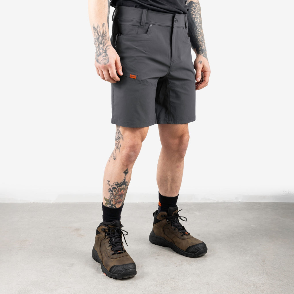 45 degree angle of front right side of BRUNT 9 inch lightweight breathable costello work shorts in charcoal