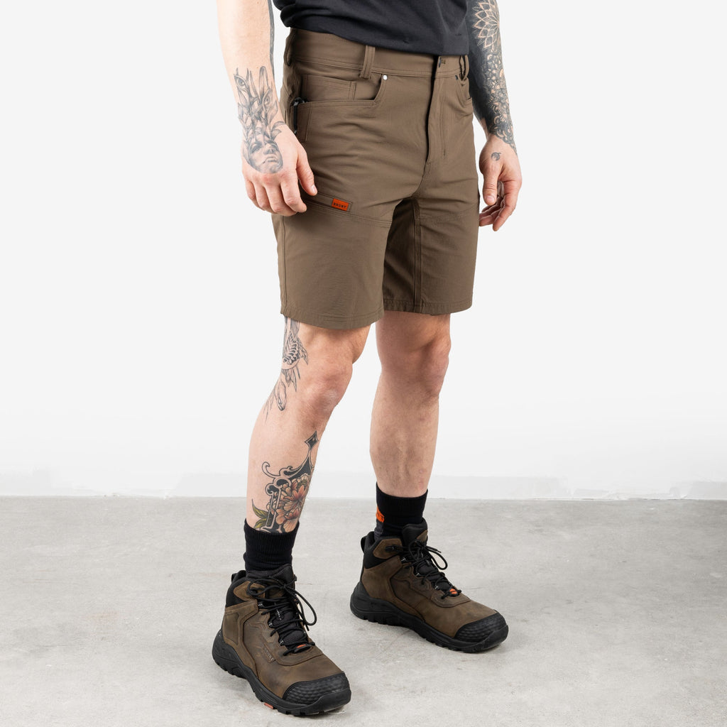 45 degree angle of front right side of BRUNT 9 inch lightweight breathable costello work shorts in brown