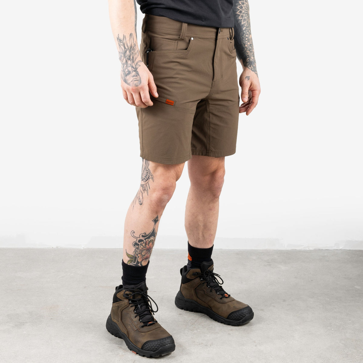 45 degree angle of front right side of BRUNT 9 inch lightweight breathable costello work shorts in brown