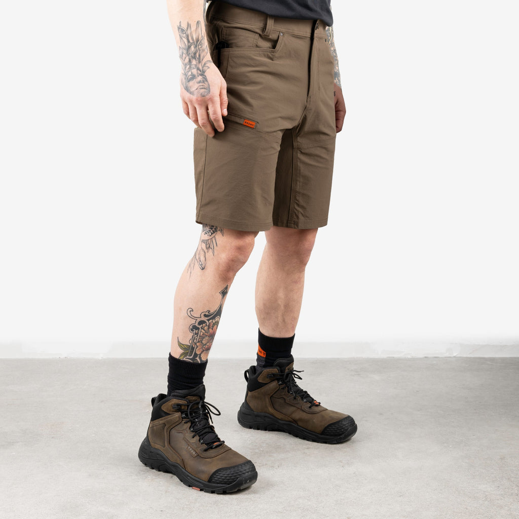45 degree angle of front right side of BRUNT 11 inch lightweight breathable costello work shorts in brown
