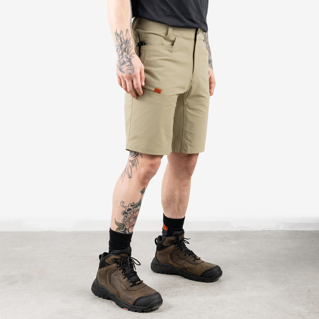 45 degree angle of front right side of BRUNT 11 inch lightweight breathable costello work shorts in khaki