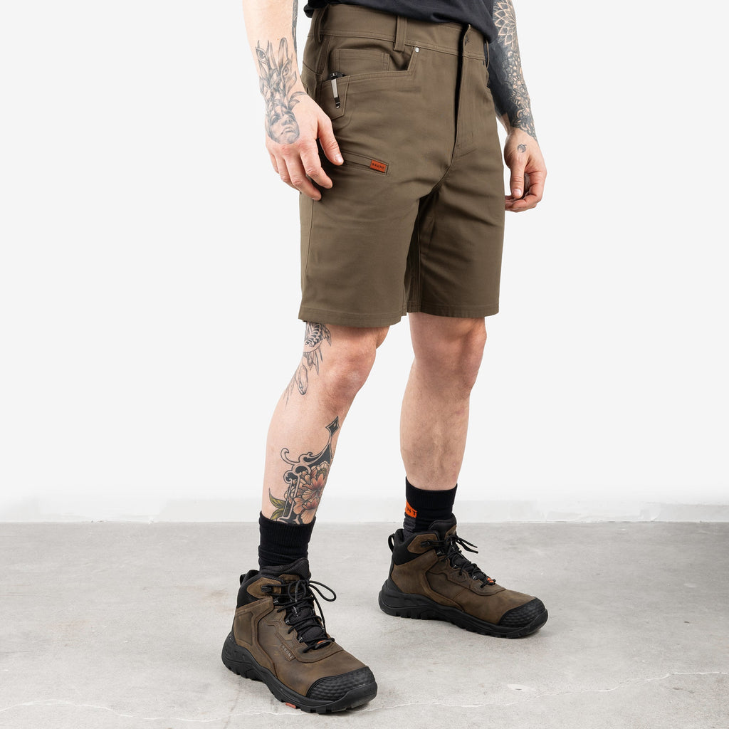 45 degree angle of front right of the BRUNT 9 inch water resistant stretch work short in brown