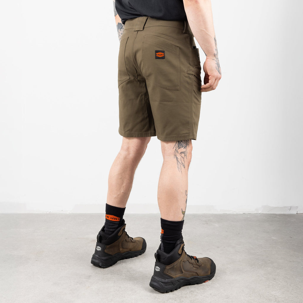 45 degree angle of back right of the BRUNT 9 inch water resistant stretch work short in brown