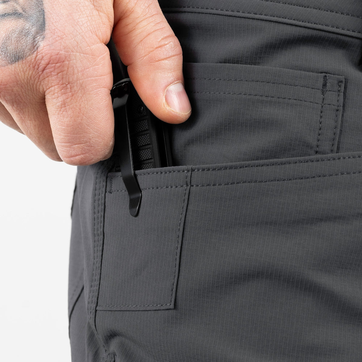 Front pocket reinforcement of BRUNT 11 inch lightweight breathable costello work shorts in charcoal