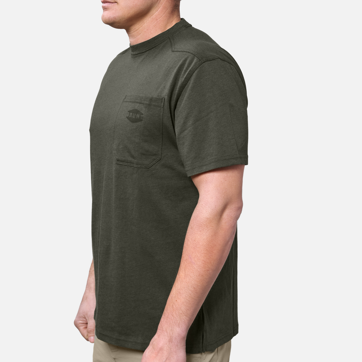45 degree angle of the front left BRUNT high quality short sleeve pocket tee in army green * 8