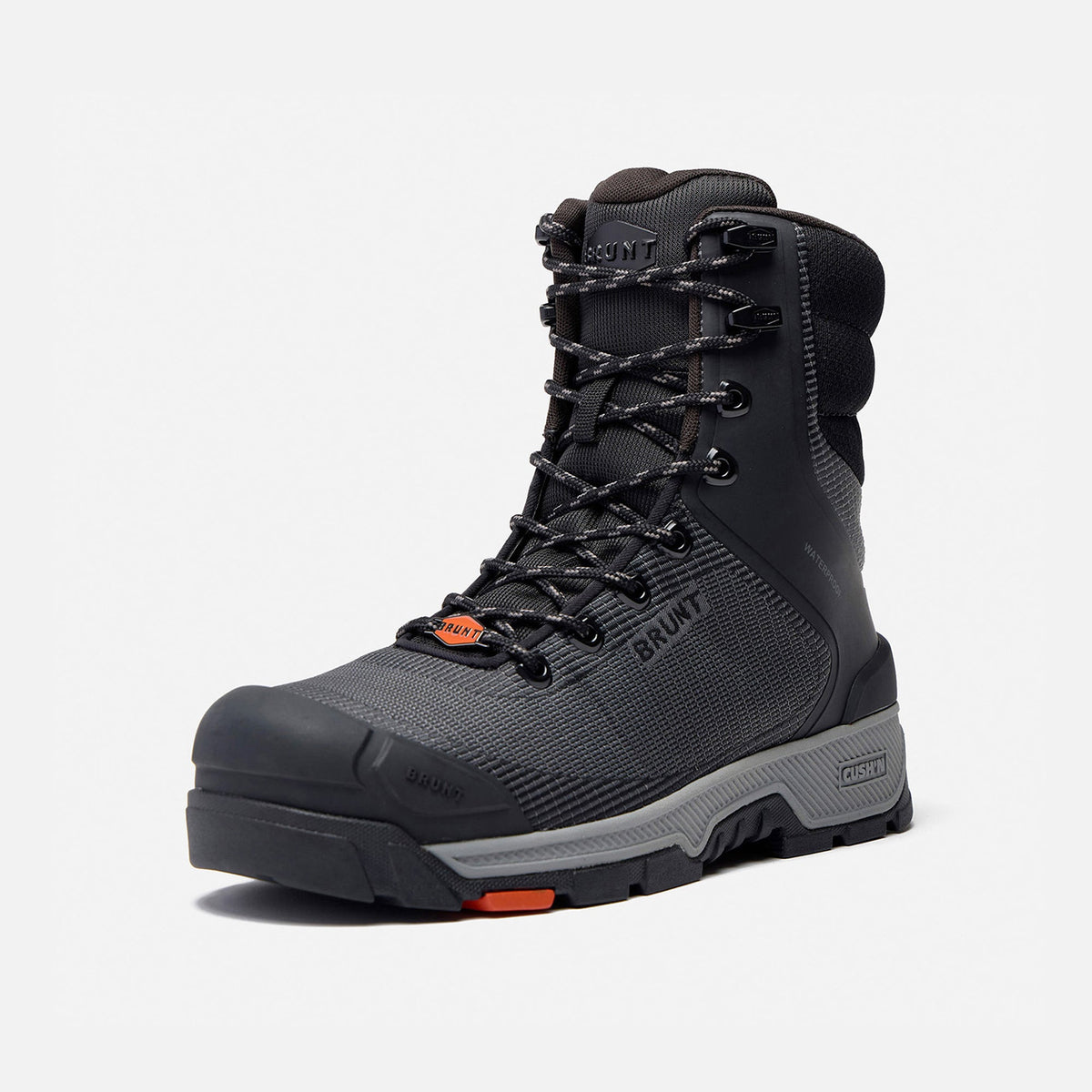 45 degree angle of the left BRUNT 8 inch lightweight 90 degree heel work boot in black