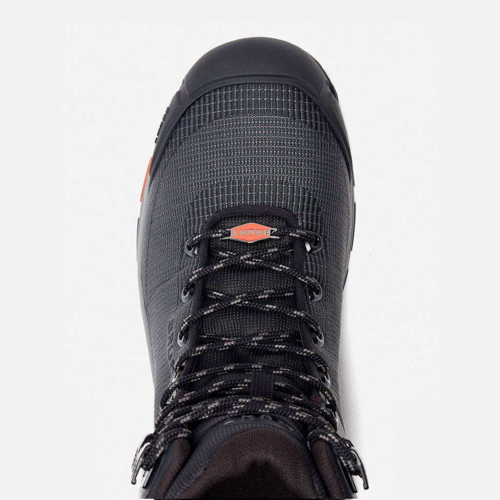 Above shot of the toe shape of the BRUNT 8 inch lightweight 90 degree heel work boot in black