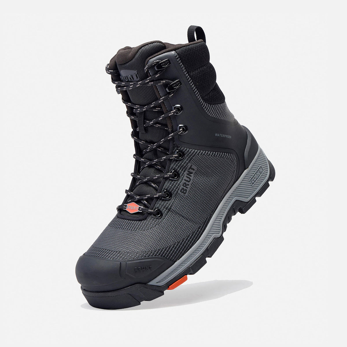 45 degree angle of the left BRUNT 8 inch lightweight 90 degree heel work boot in black