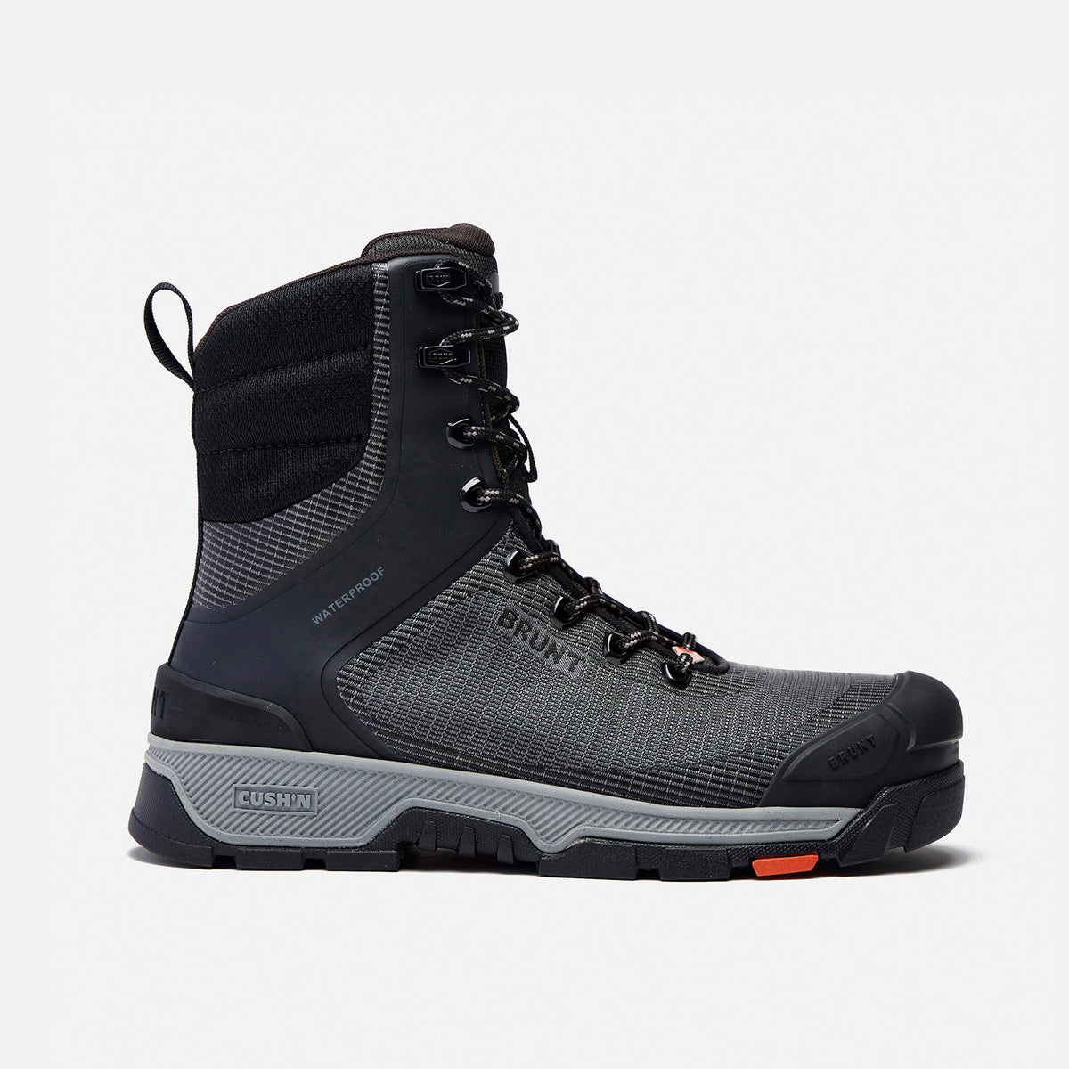 Right side of the BRUNT 8 inch lightweight 90 degree heel work boot in black