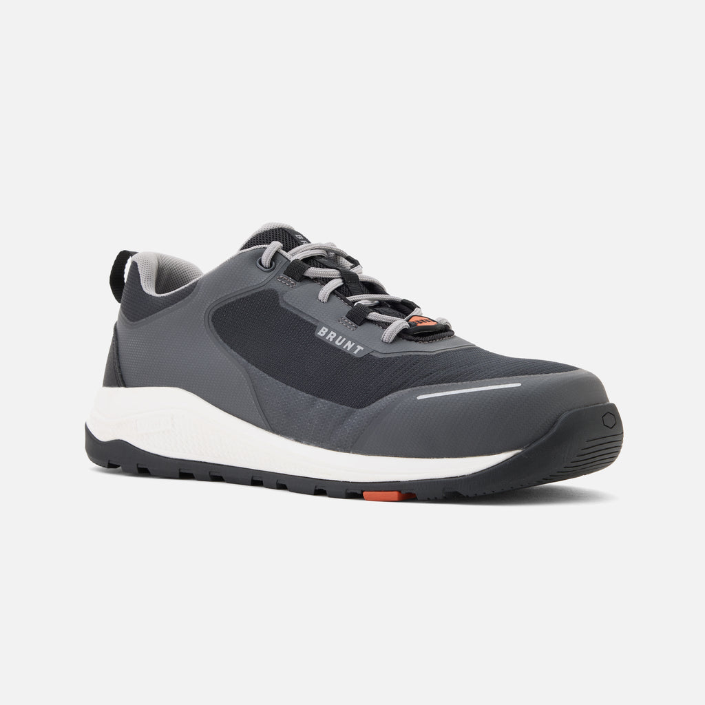 View 2 45 degree angle of the right side of the BRUNT 4 inch lightweight comp toe work sneaker in grey * 1