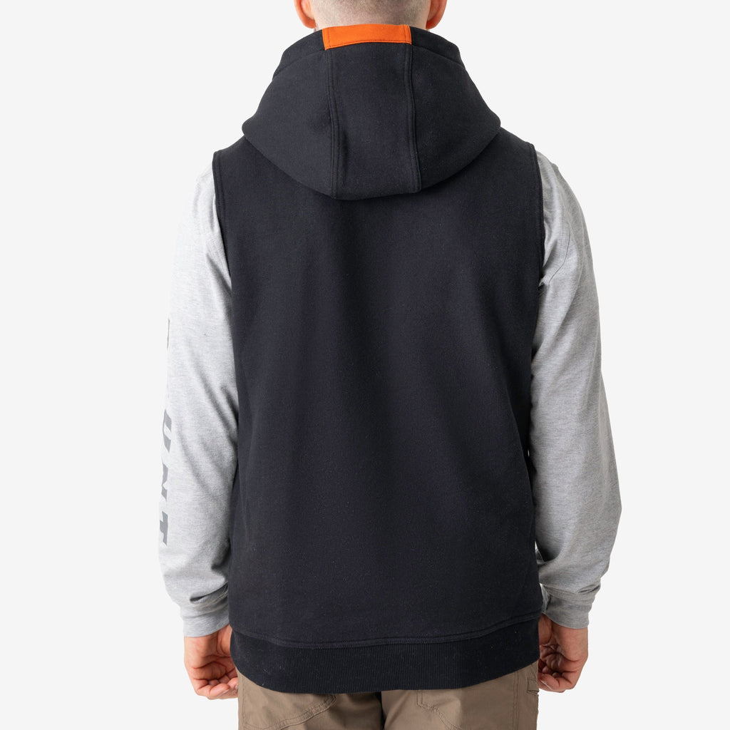 Back of the BRUNT sleeveless water resistant workwear hoodie in black with BRUNT high quality long sleeve pocket tee in light grey underneath
