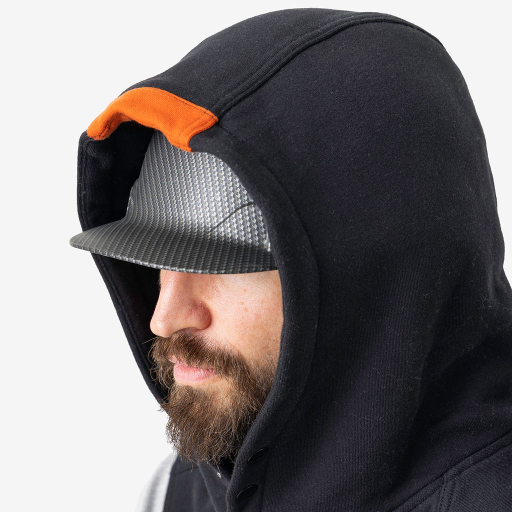 Hard hat compatible hood of the BRUNT sleeveless water resistant workwear hoodie in black