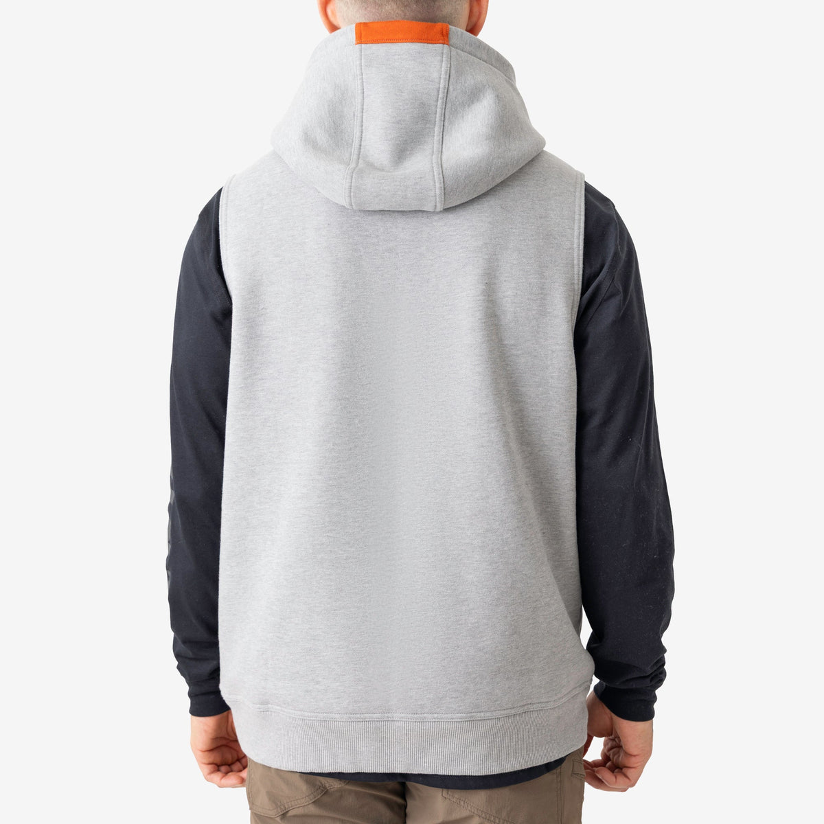 Back of the BRUNT sleeveless water resistant workwear hoodie in light grey heather with BRUNT high quality long sleeve pocket tee in black underneath
