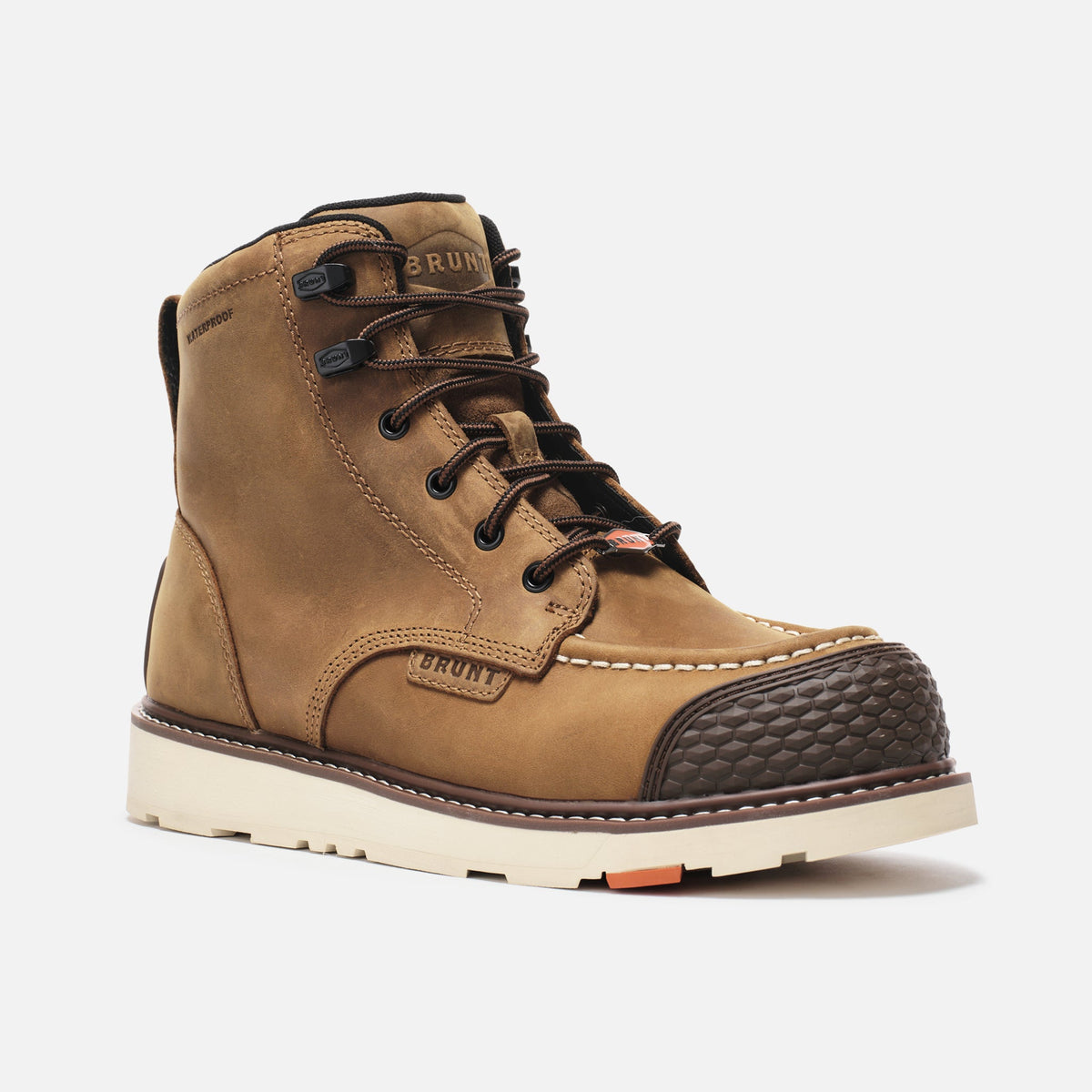 View 2 45 degree angle of the right BRUNT 6 inch waterproof reinforced marin work boot in brown